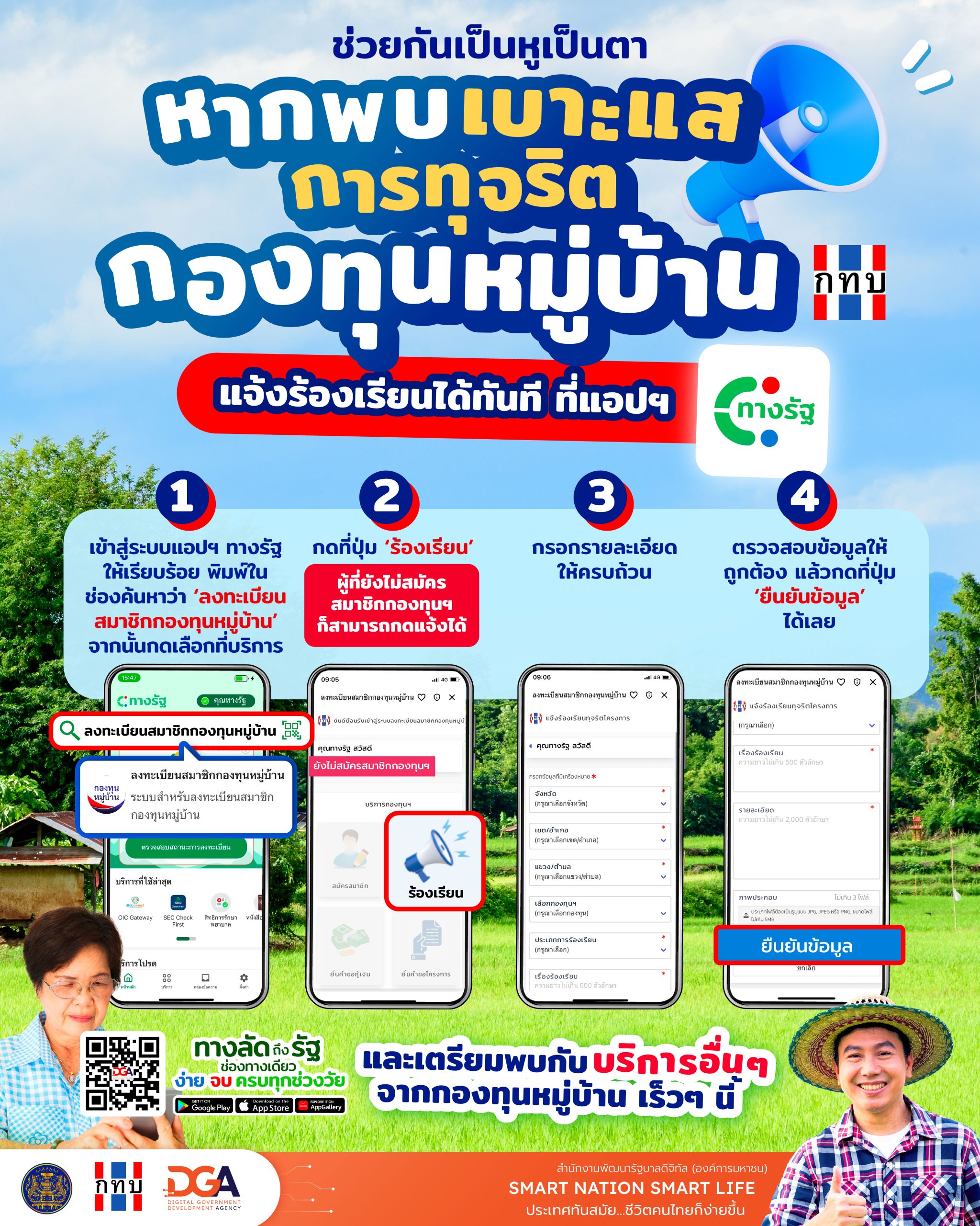 ช่วยกันเป็นหูเป็นตา พบเบาะแสการทุจริต กองทุนหมู่บ้าน แจ้งร้องเรียนได้ทันทีที่แอปฯ ทางรัฐ